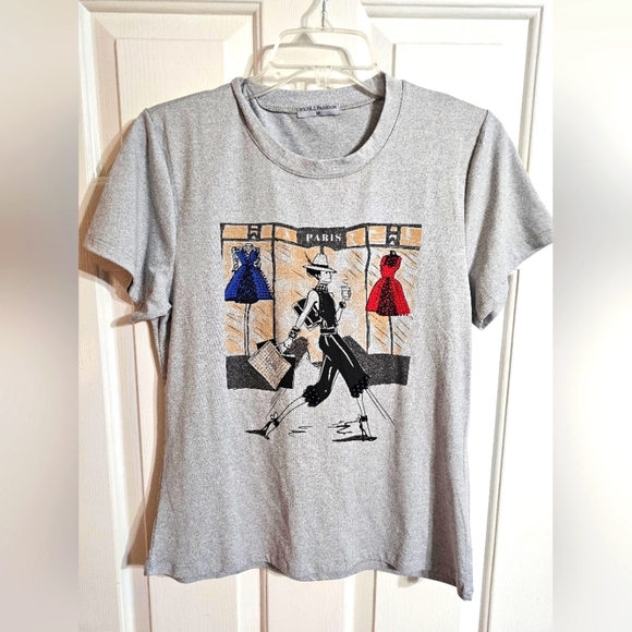 NICOLE FASHION Sequined Graphic Shirt Women Medium Paris Shopping Preppy Casual - Picture 2 of 7